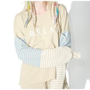 Wildfox Relax Striped Sleeve Raw Hem Sweatshirt Cream Blue Medium Boxy Oversized